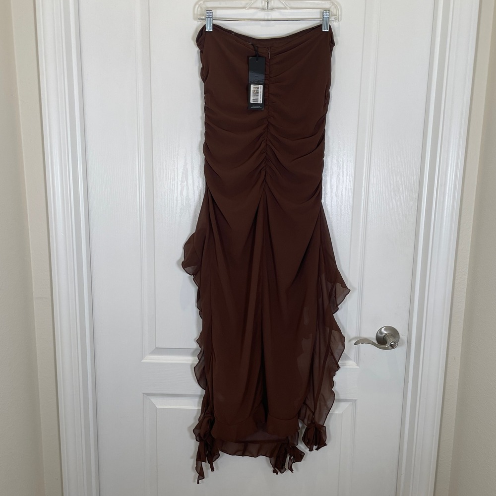 Lioness Rendezvous Dress Brown Ruched Strapless Ruffle Midi Party Night Out M - Picture 9 of 9